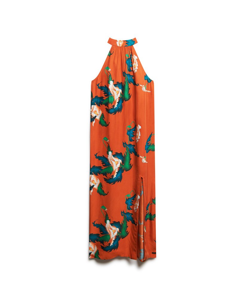 maxi-jurk met hoge hals in bladergroen pioenrood