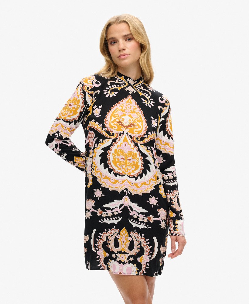 mini-jurk met lange mouwen en print in nico paisley zwart