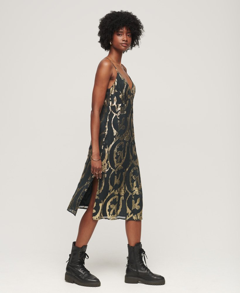 metallic midi slipjurk in donkergroen metallic