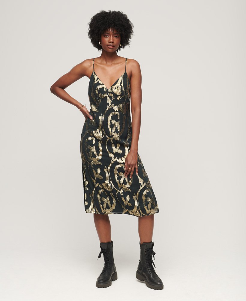 metallic midi slipjurk in donkergroen metallic