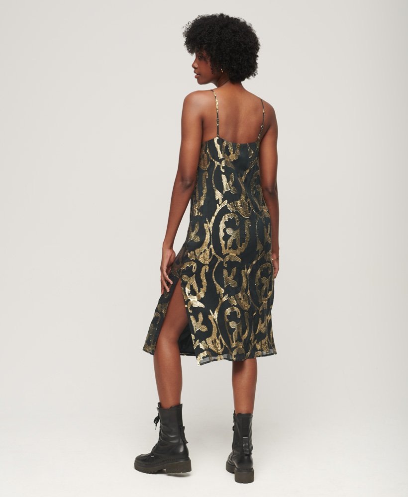 metallic midi slipjurk in donkergroen metallic