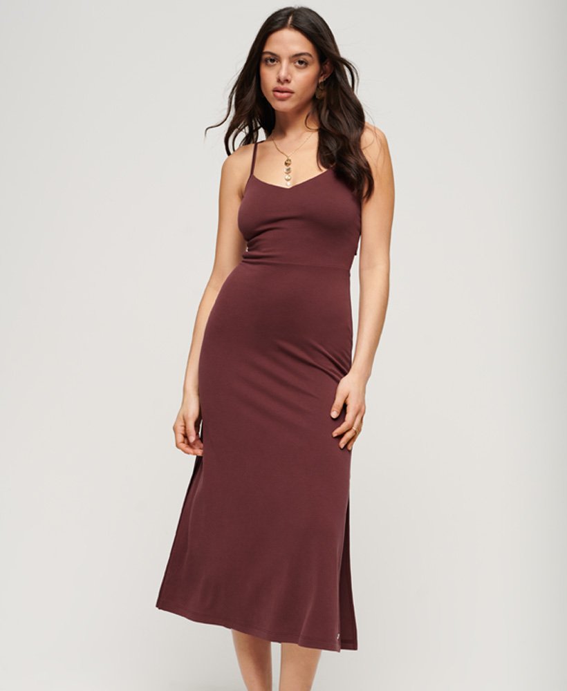 jersey jurk met open rug in port brown
