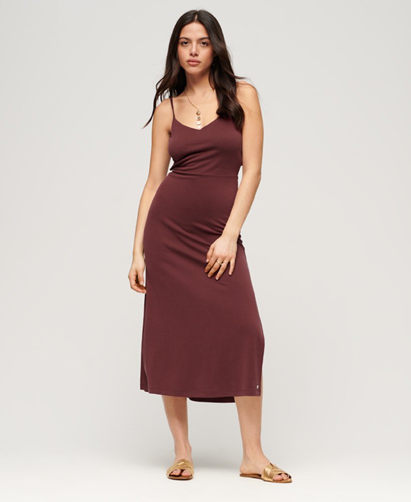 jersey jurk met open rug in port brown