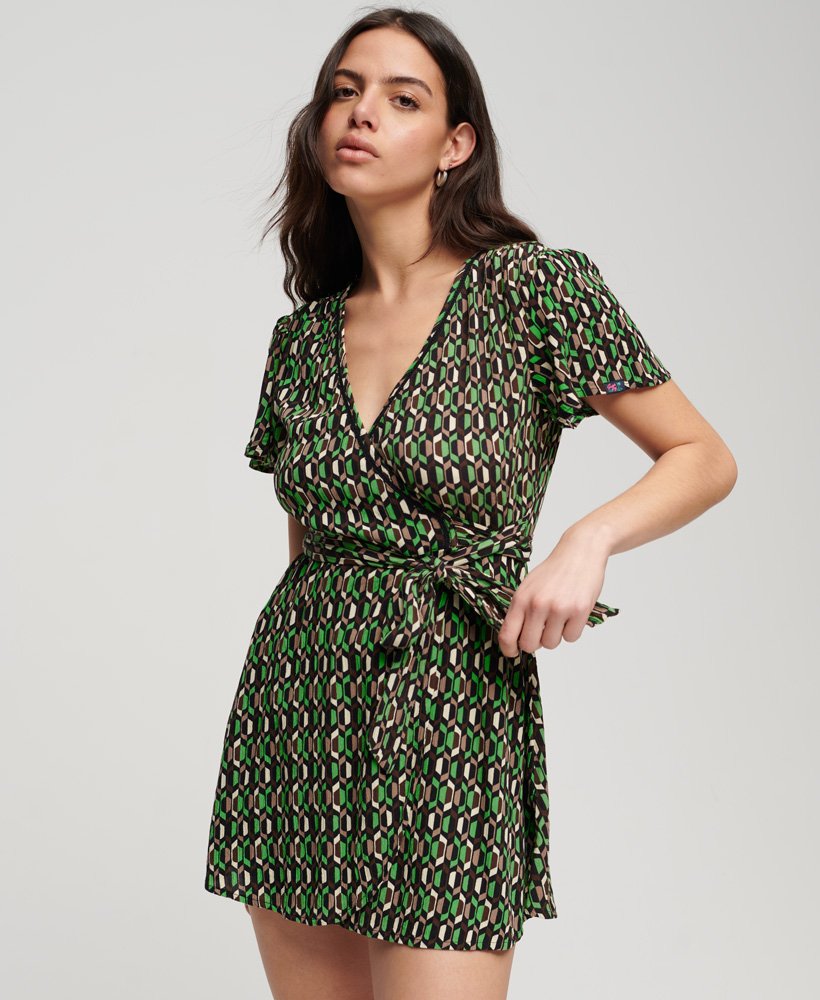 vintage mini-wikkeljurk in arrow geo green