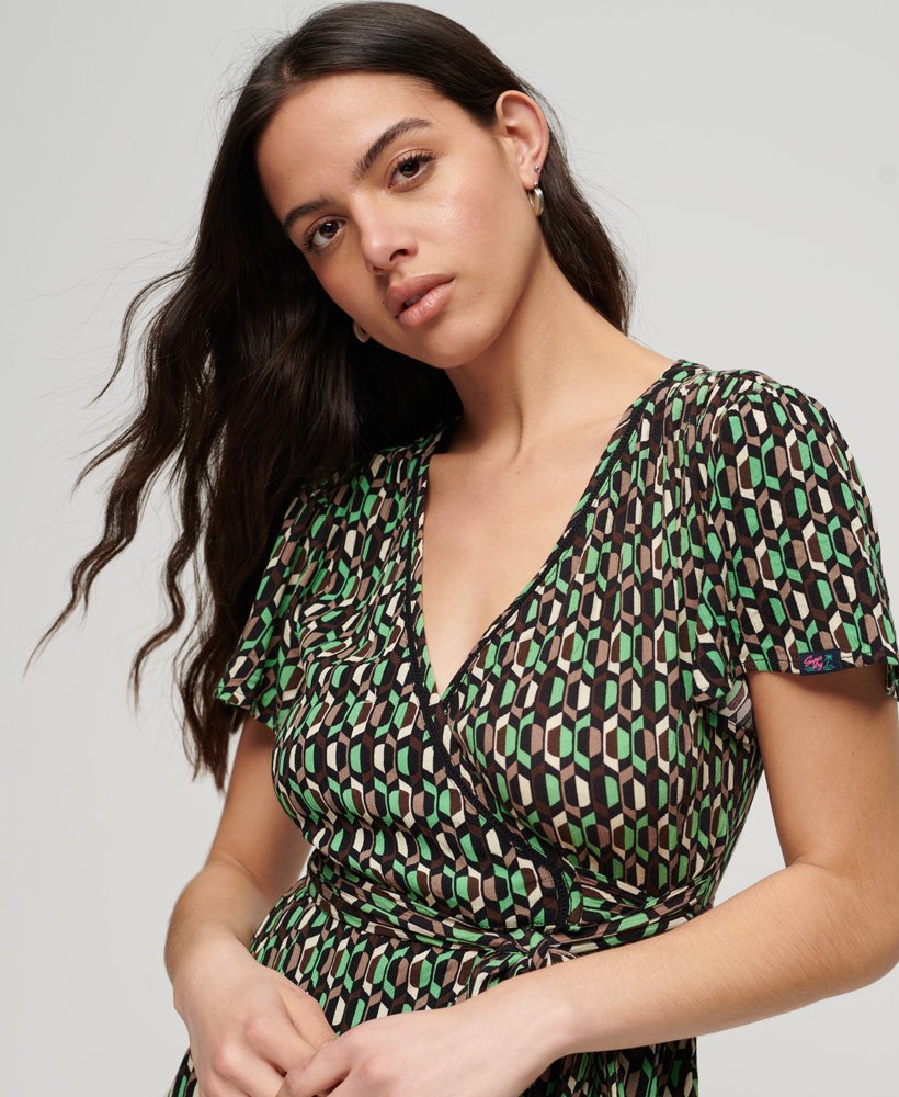 vintage mini-wikkeljurk in arrow geo green