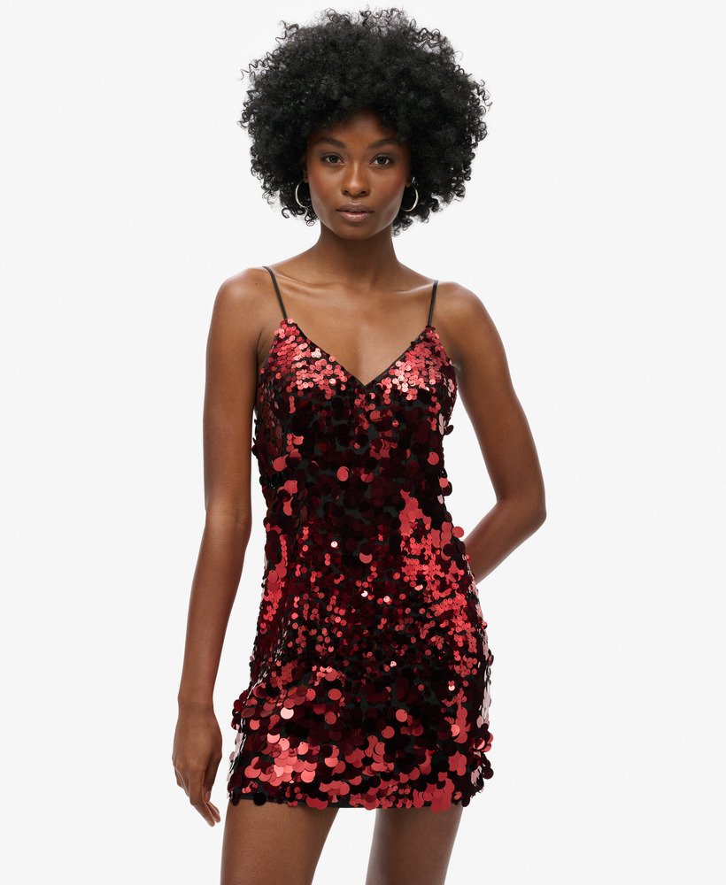 disco mini-jurk met pailletten in rode brokaat