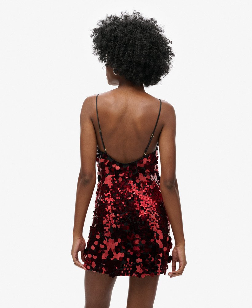 disco mini-jurk met pailletten in rode brokaat