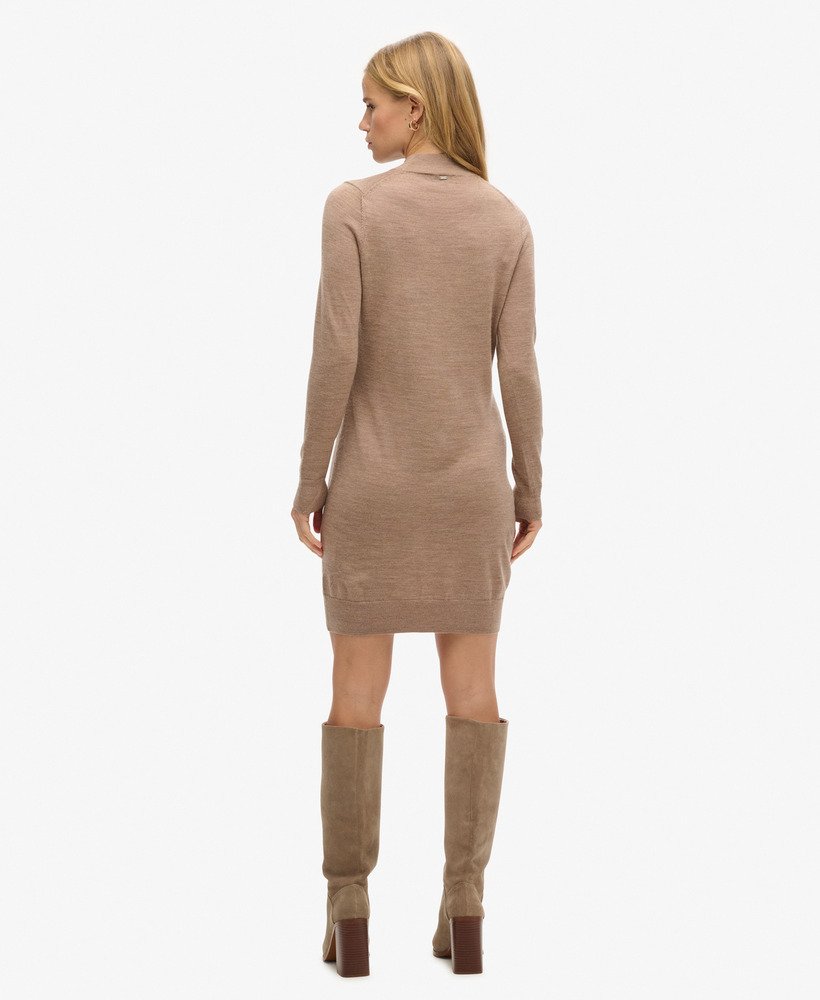 merino gebreide jurk met lange mouwen in bison marl