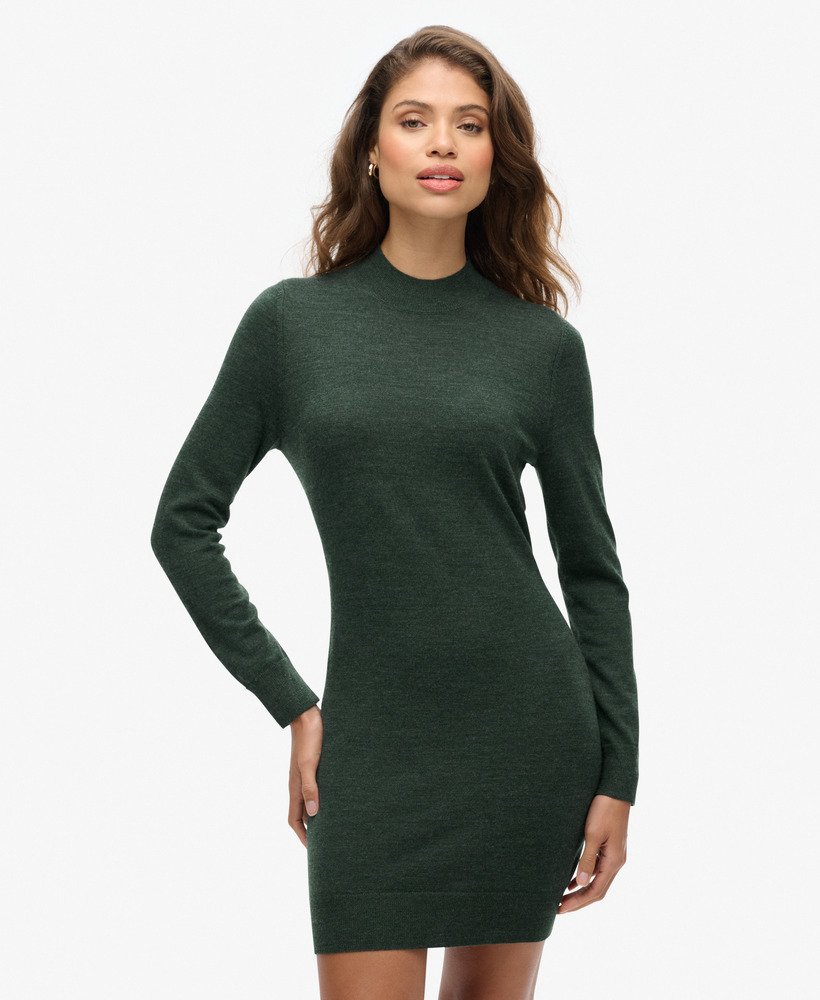 merino gebreide jurk met lange mouwen in een urban chique gemêleerde kleur.