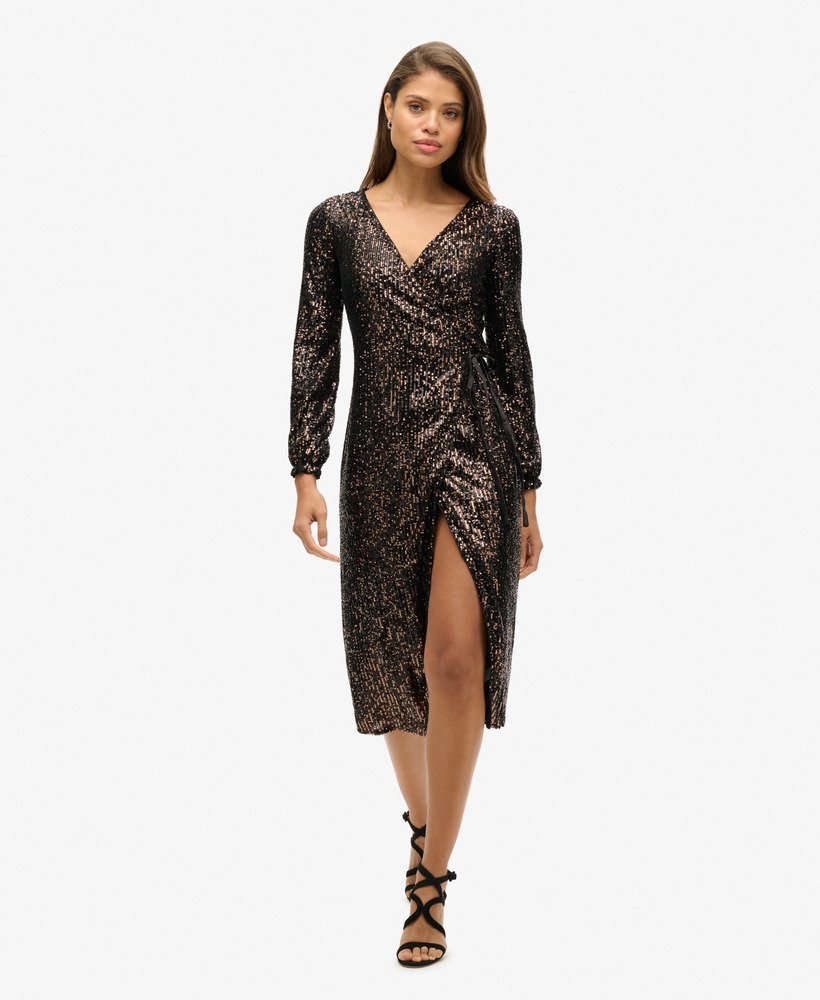 maxi-jurk met pailletten en wikkeldetail in koperzwart.