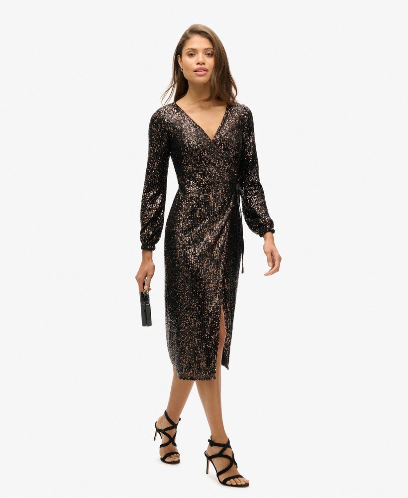 maxi-jurk met pailletten en wikkeldetail in koperzwart.