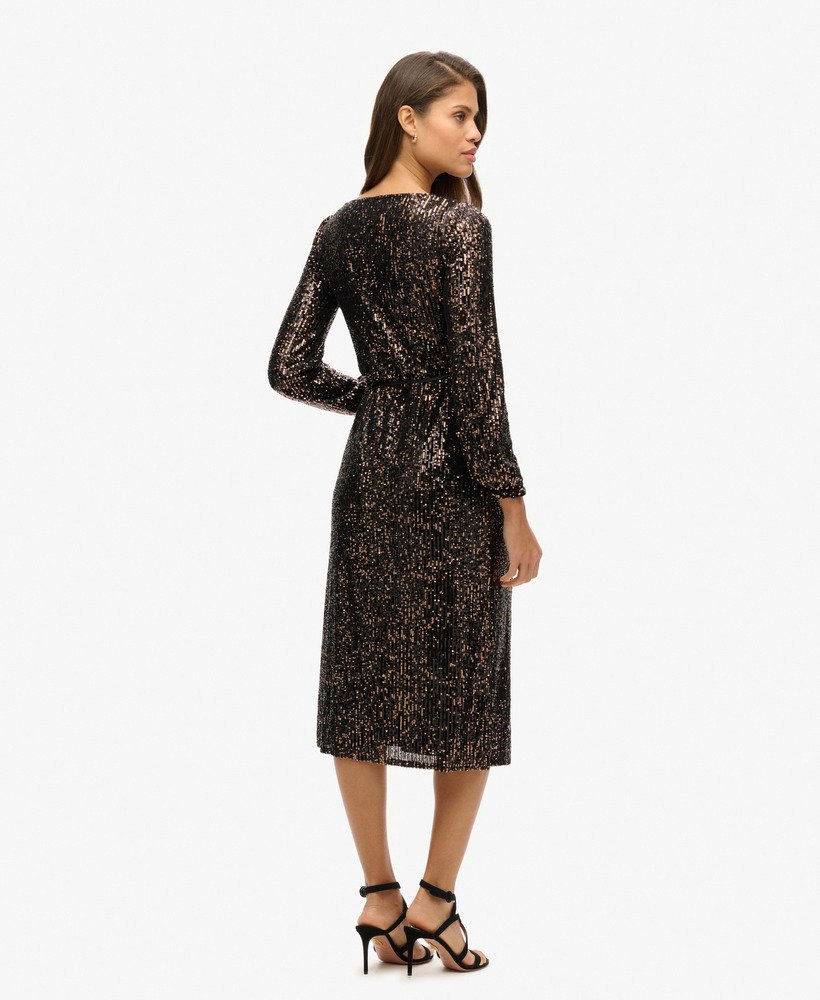maxi-jurk met pailletten en wikkeldetail in koperzwart.