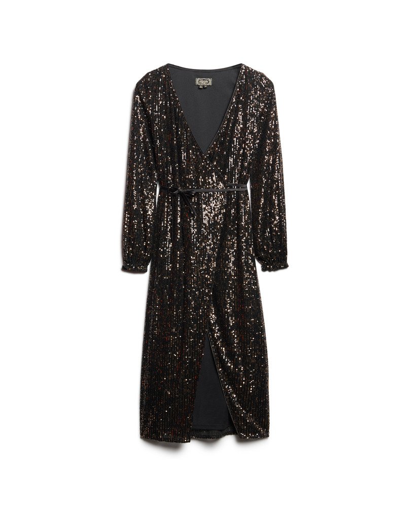 maxi-jurk met pailletten en wikkeldetail in koperzwart.