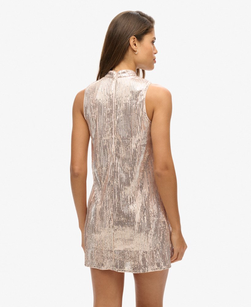 mouwloze a-lijn mini-jurk met pailletten in champagnekleurige kreukelprint.