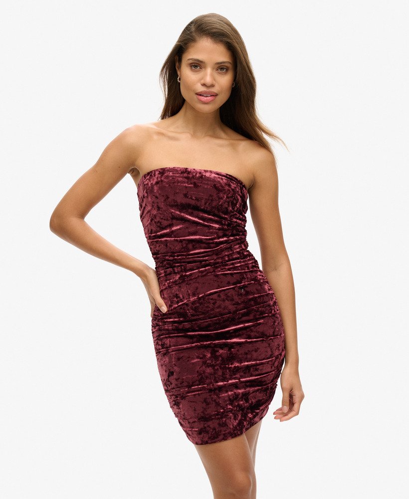 fluwelen bandeau minijurk in bordeauxrood.