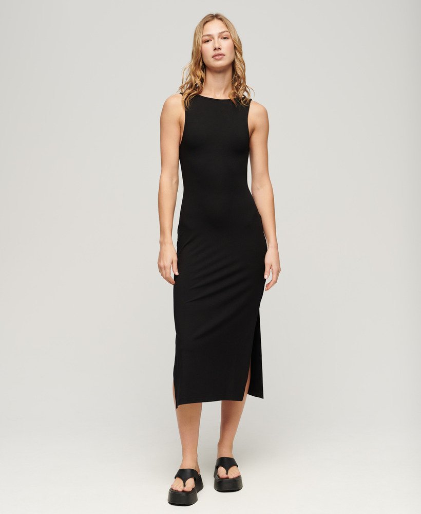 jersey midi-jurk met gedraaide rug in zwart