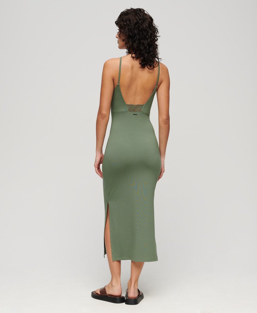 jersey midi-jurk met kanten achterkant in laurel khaki