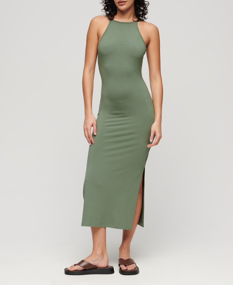 jersey midi-jurk met kanten achterkant in laurel khaki