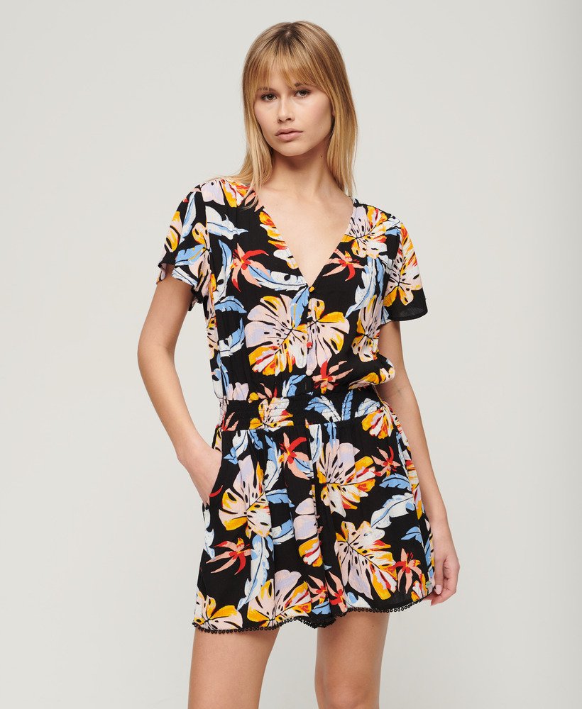 playsuit met korte mouwen in aquarel tropisch oranje.
