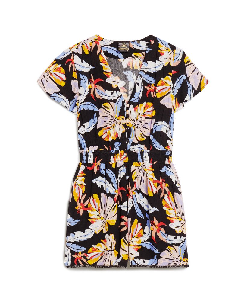 playsuit met korte mouwen in aquarel tropisch oranje.