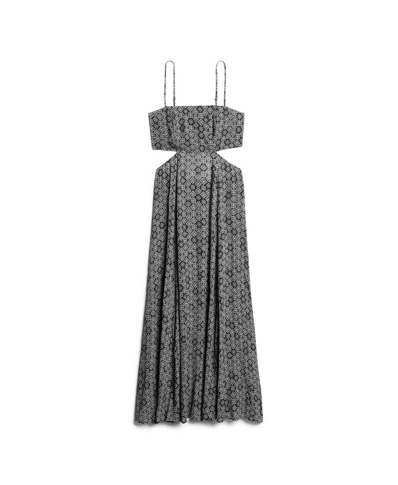 maxi-jurk met transparante achterkant in zwart jaren 70 geometrische stijl.