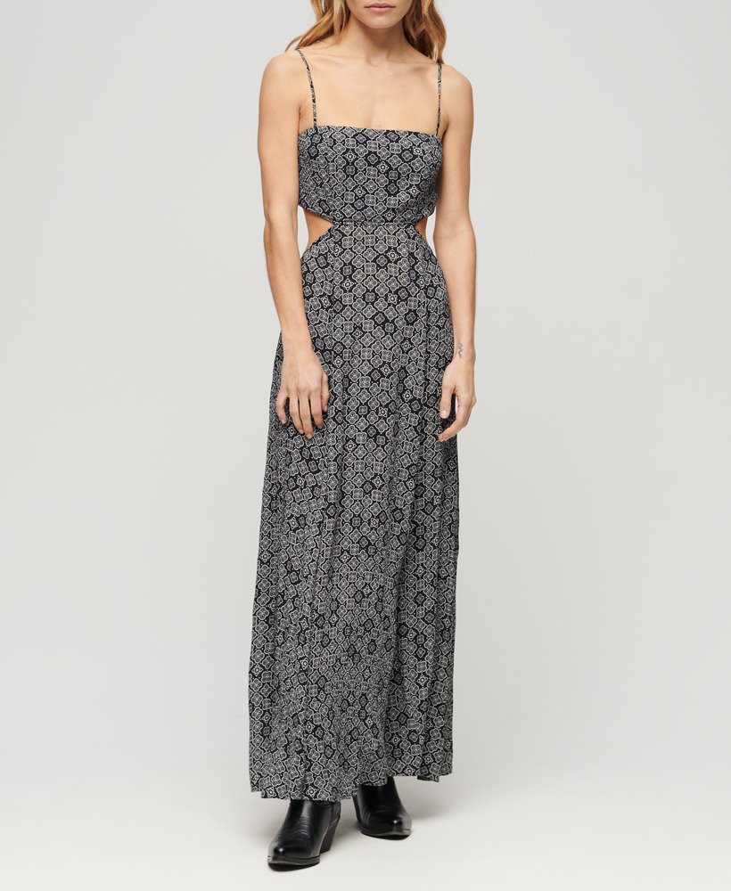 maxi-jurk met transparante achterkant in zwart jaren 70 geometrische stijl.