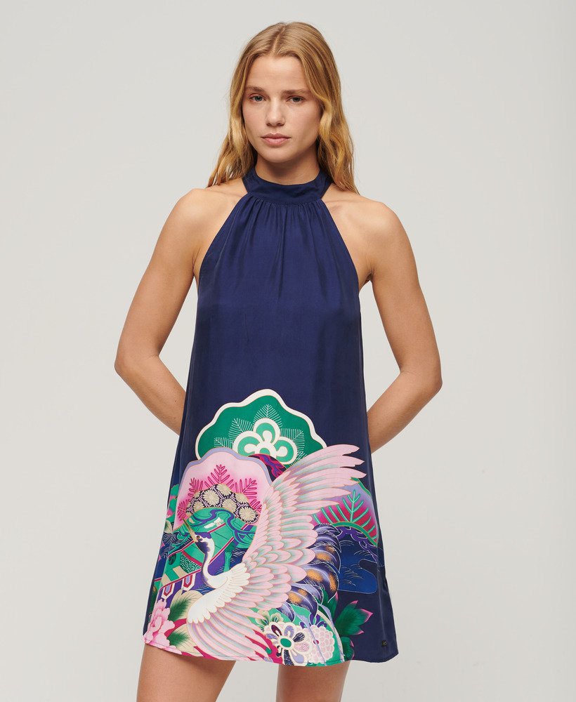 mouwloze mini-jurk met print in marineblauw funetotsuru