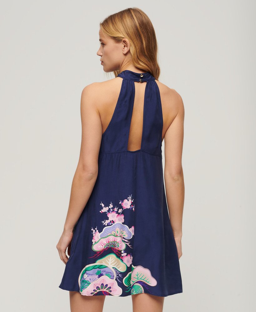 mouwloze mini-jurk met print in marineblauw funetotsuru