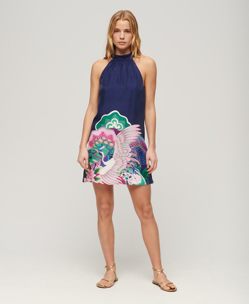 mouwloze mini-jurk met print in marineblauw funetotsuru
