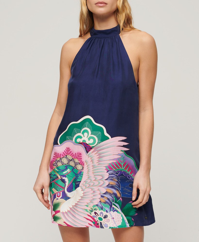 mouwloze mini-jurk met print in marineblauw funetotsuru