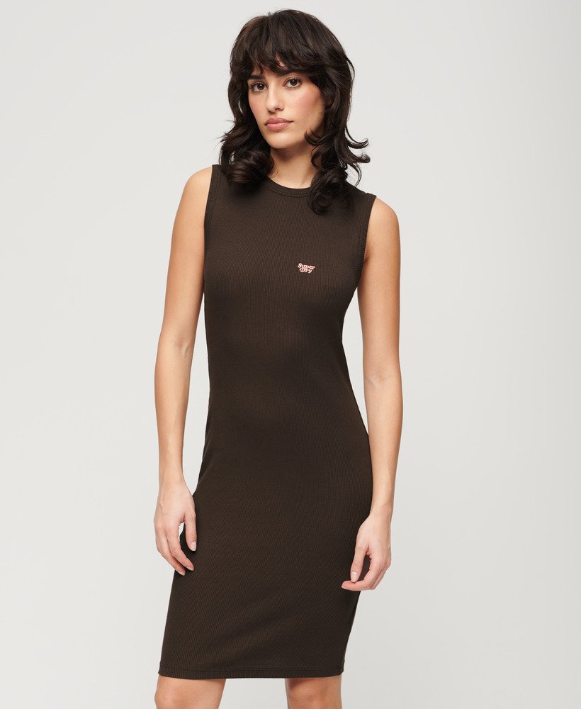 rib bodycon midi jurk in donkerbruin