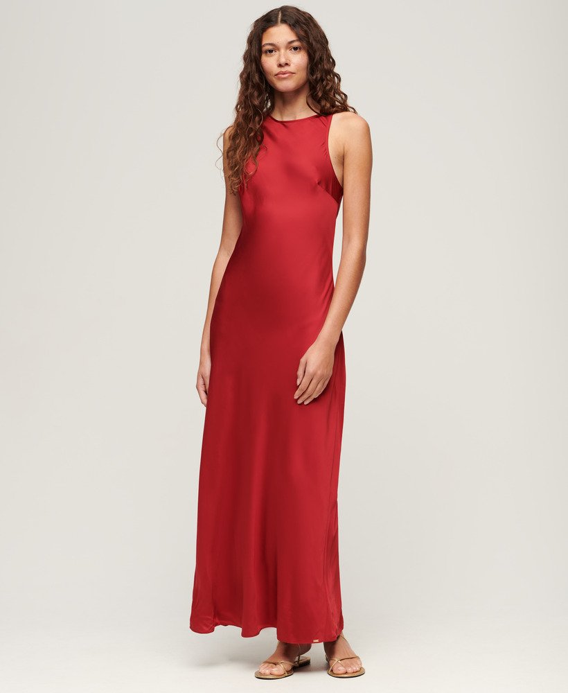 satijnen midi-jurk in racerstijl in de kleur red dahlia