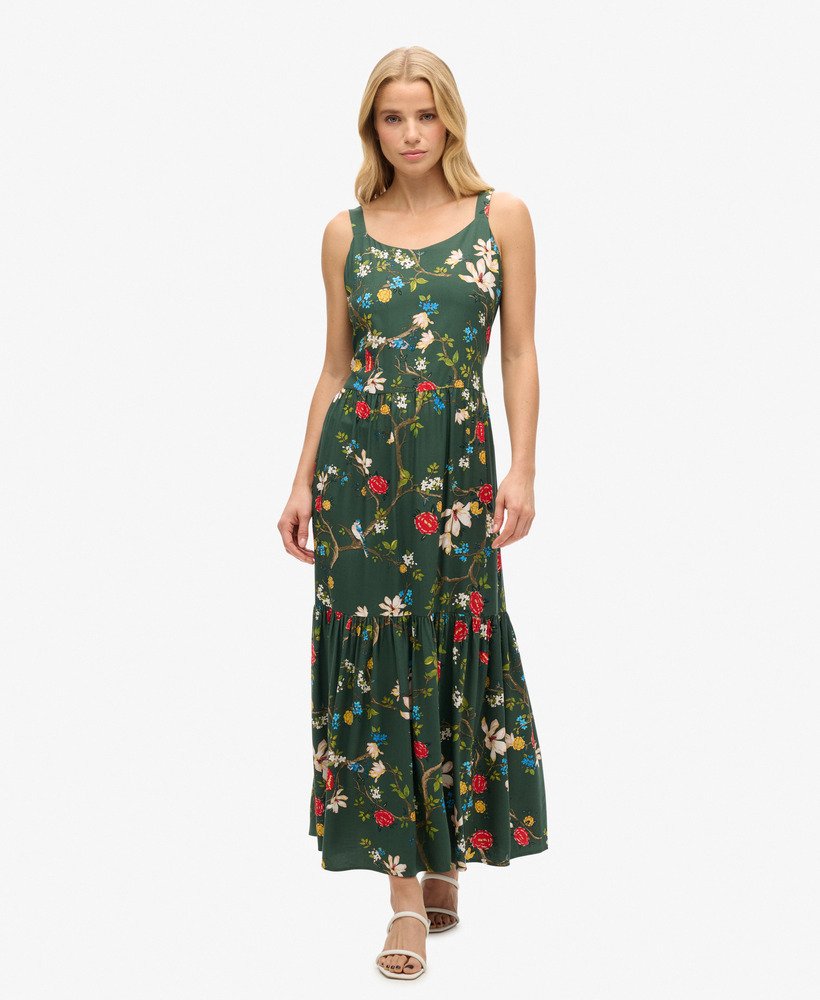 geweven maxi-jurk met meerdere lagen in blossom birds green