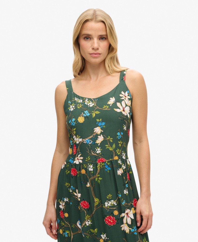 geweven maxi-jurk met meerdere lagen in blossom birds green