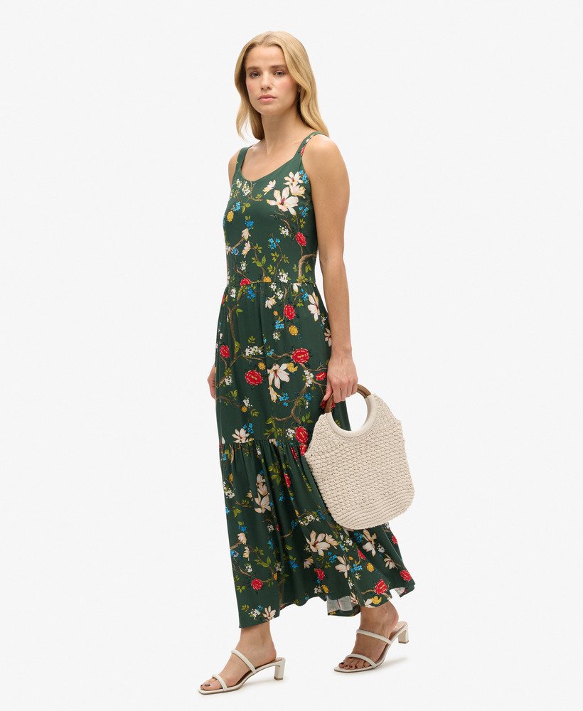 geweven maxi-jurk met meerdere lagen in blossom birds green