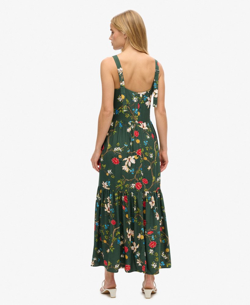 geweven maxi-jurk met meerdere lagen in blossom birds green