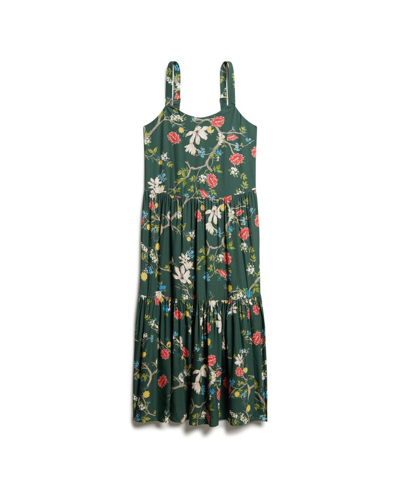 geweven maxi-jurk met meerdere lagen in blossom birds green