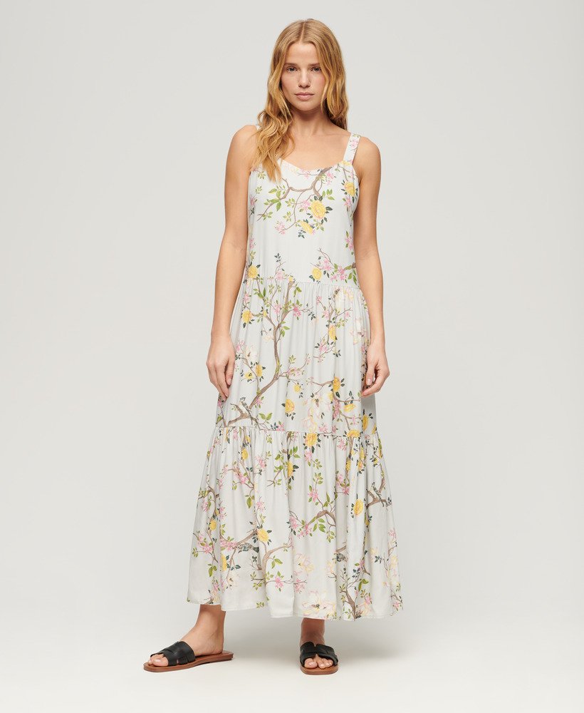 geweven maxi-jurk met meerdere lagen in blossom birds grijs