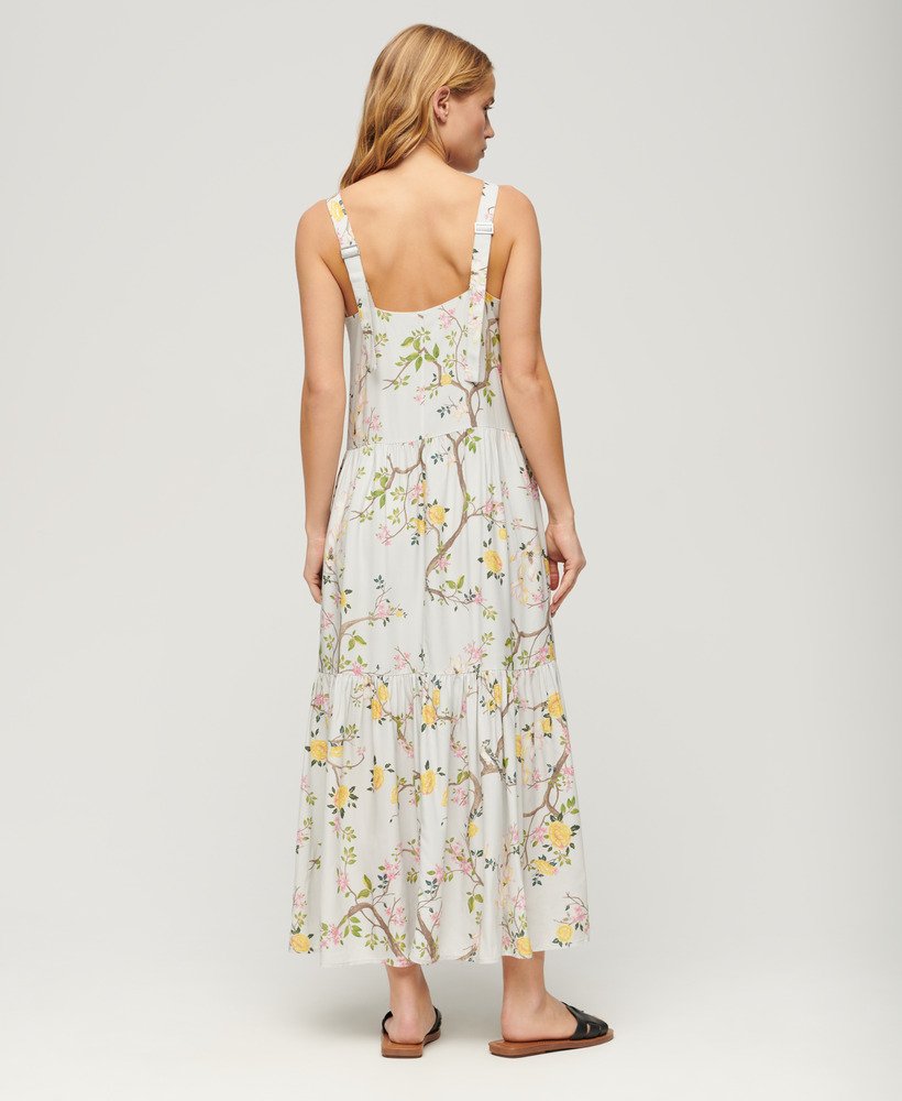 geweven maxi-jurk met meerdere lagen in blossom birds grijs