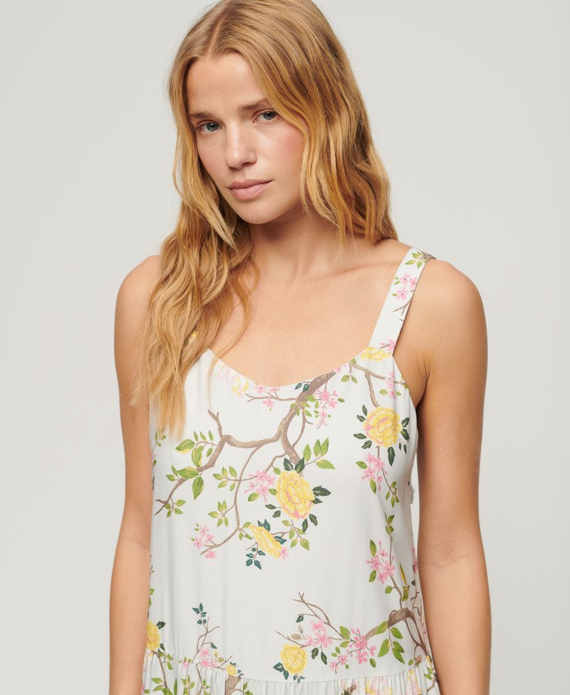 geweven maxi-jurk met meerdere lagen in blossom birds grijs