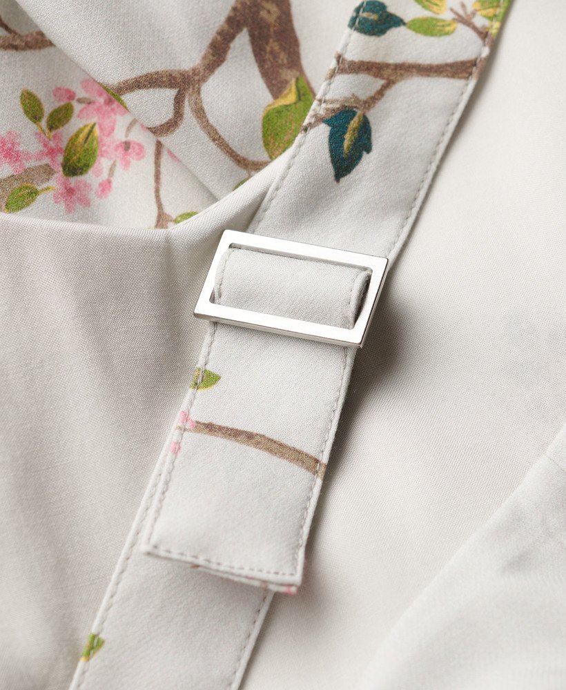 geweven maxi-jurk met meerdere lagen in blossom birds grijs