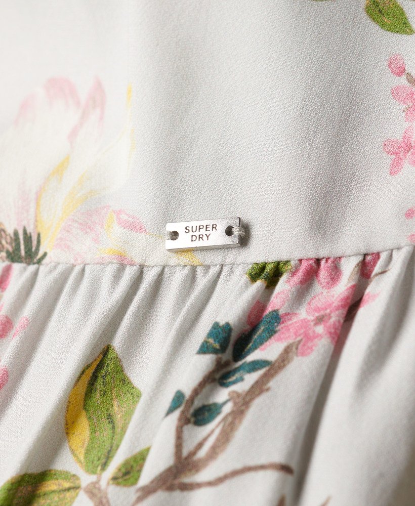 geweven maxi-jurk met meerdere lagen in blossom birds grijs