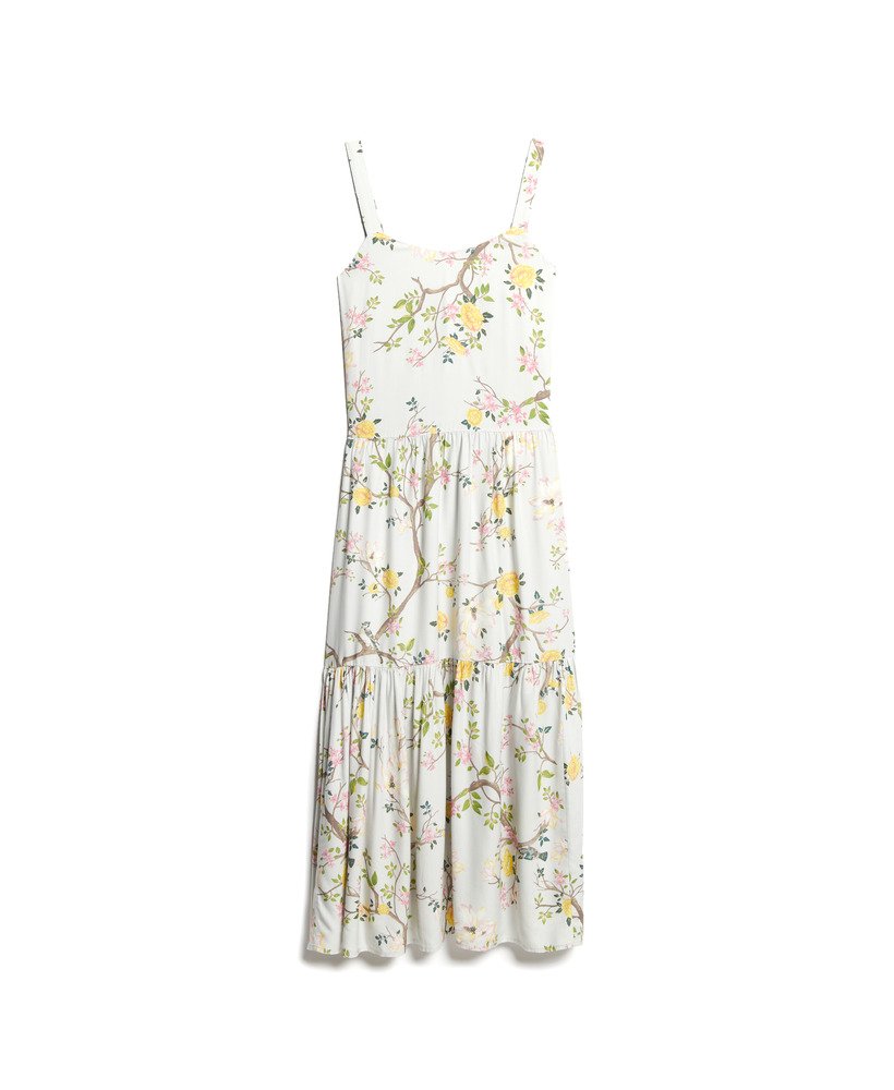 geweven maxi-jurk met meerdere lagen in blossom birds grijs