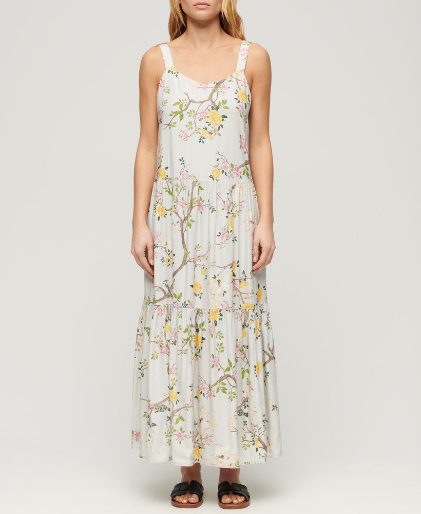 geweven maxi-jurk met meerdere lagen in blossom birds grijs