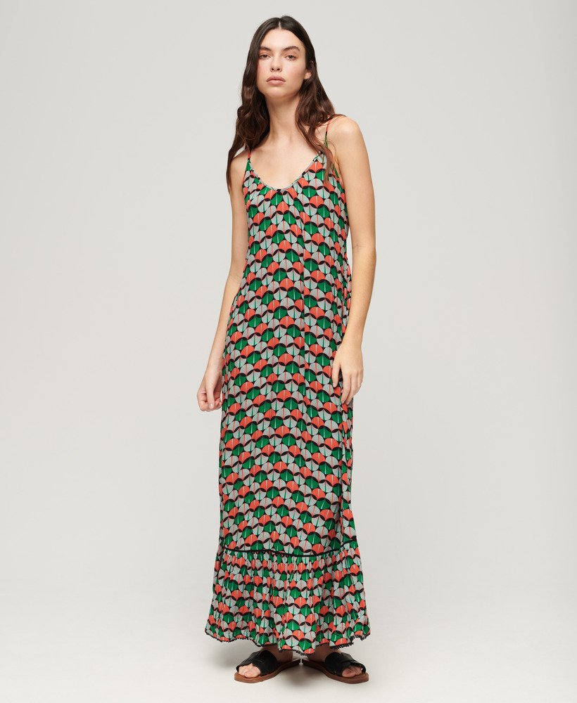 maxi strandjurk met camisole in oranje geometrisch patroon