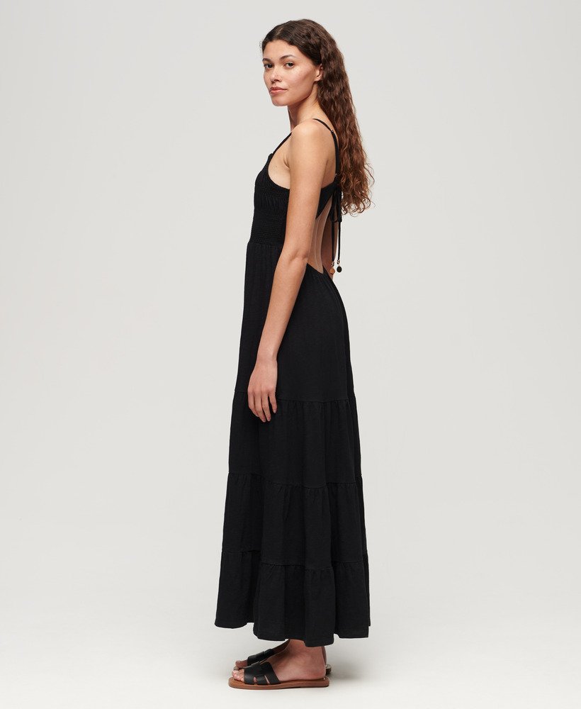 maxi-jurk met smockwerk in zwart