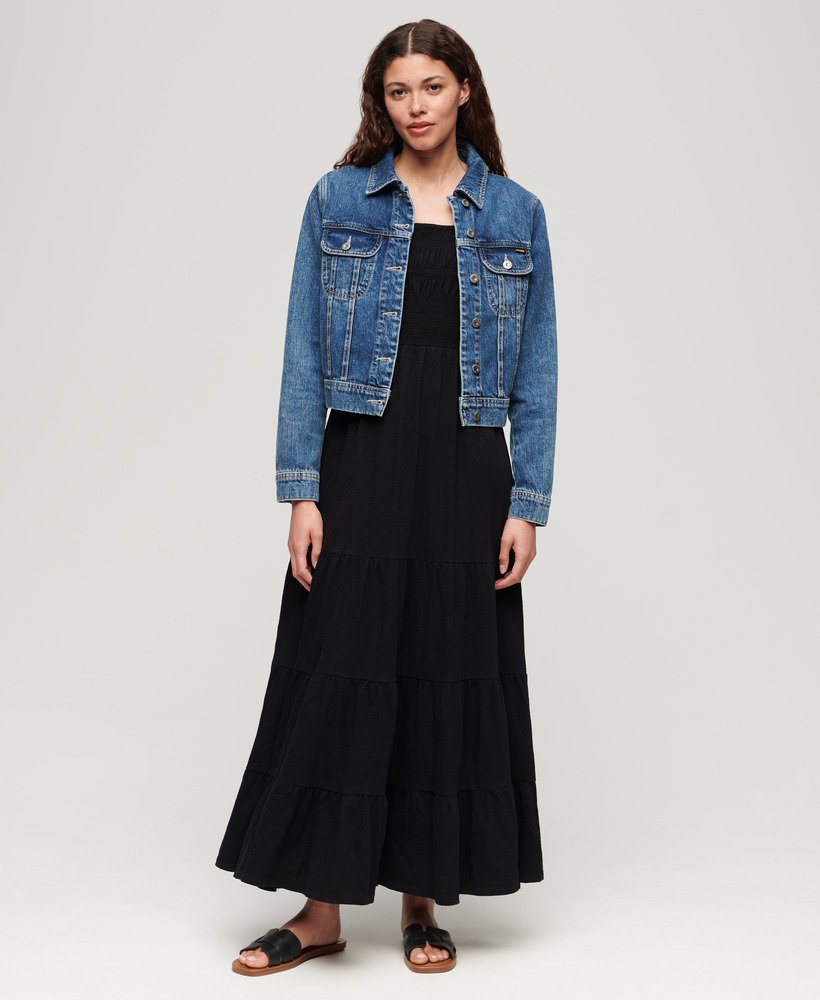 maxi-jurk met smockwerk in zwart
