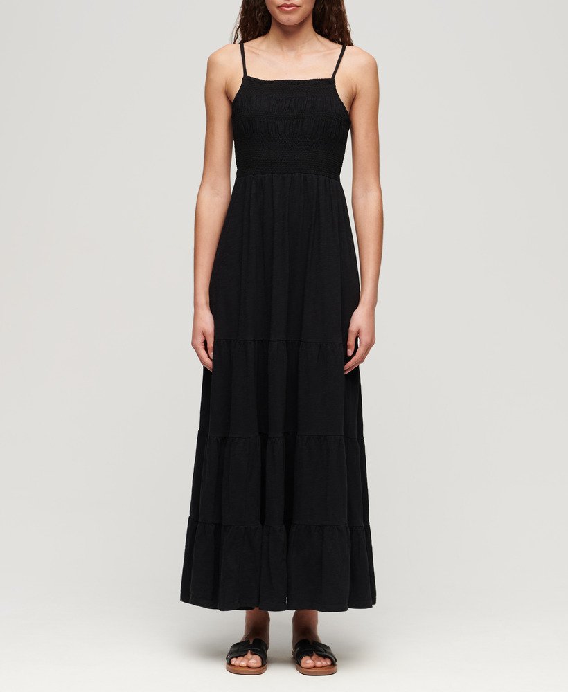 maxi-jurk met smockwerk in zwart