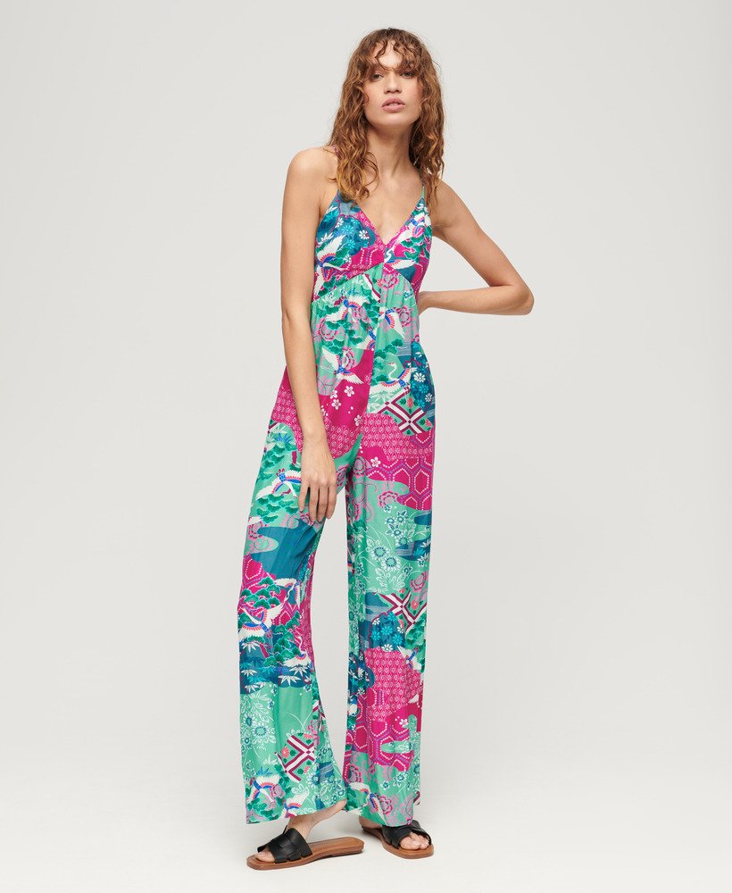bedrukte cami-jumpsuit in magenta stork cloud