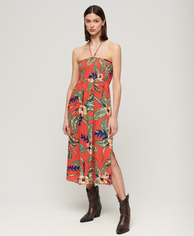 geplooide midi-strandjurk in eden hawaiian red